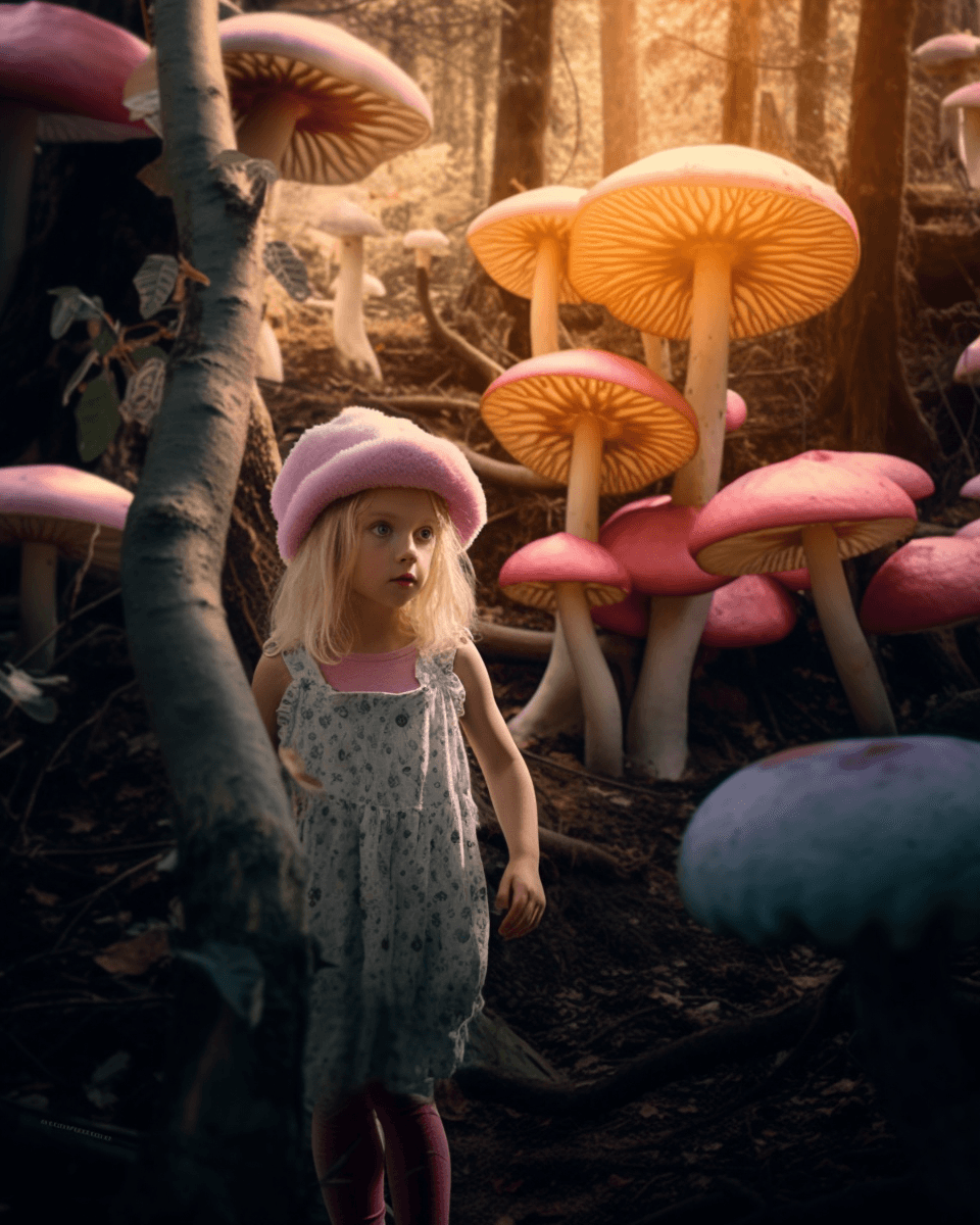 AI generated: Photo of lost little girl in the forest of the giant mushrooms, mushrooms more photo realistic, psyc...