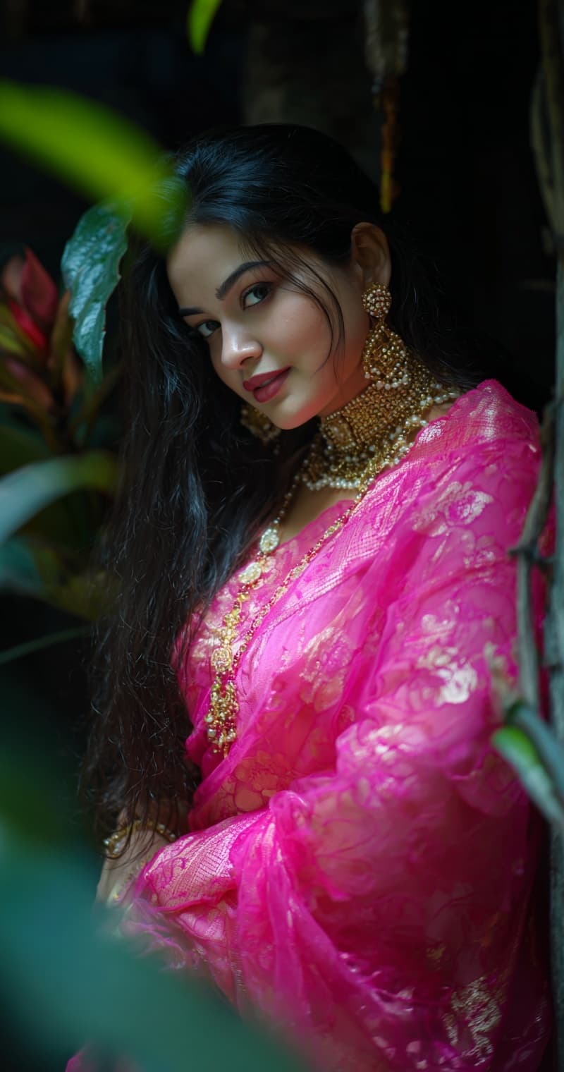 AI generated: A plus curvy, vulpturous breathtakingly beautiful indian woman, with long black hair, wearing a pink...