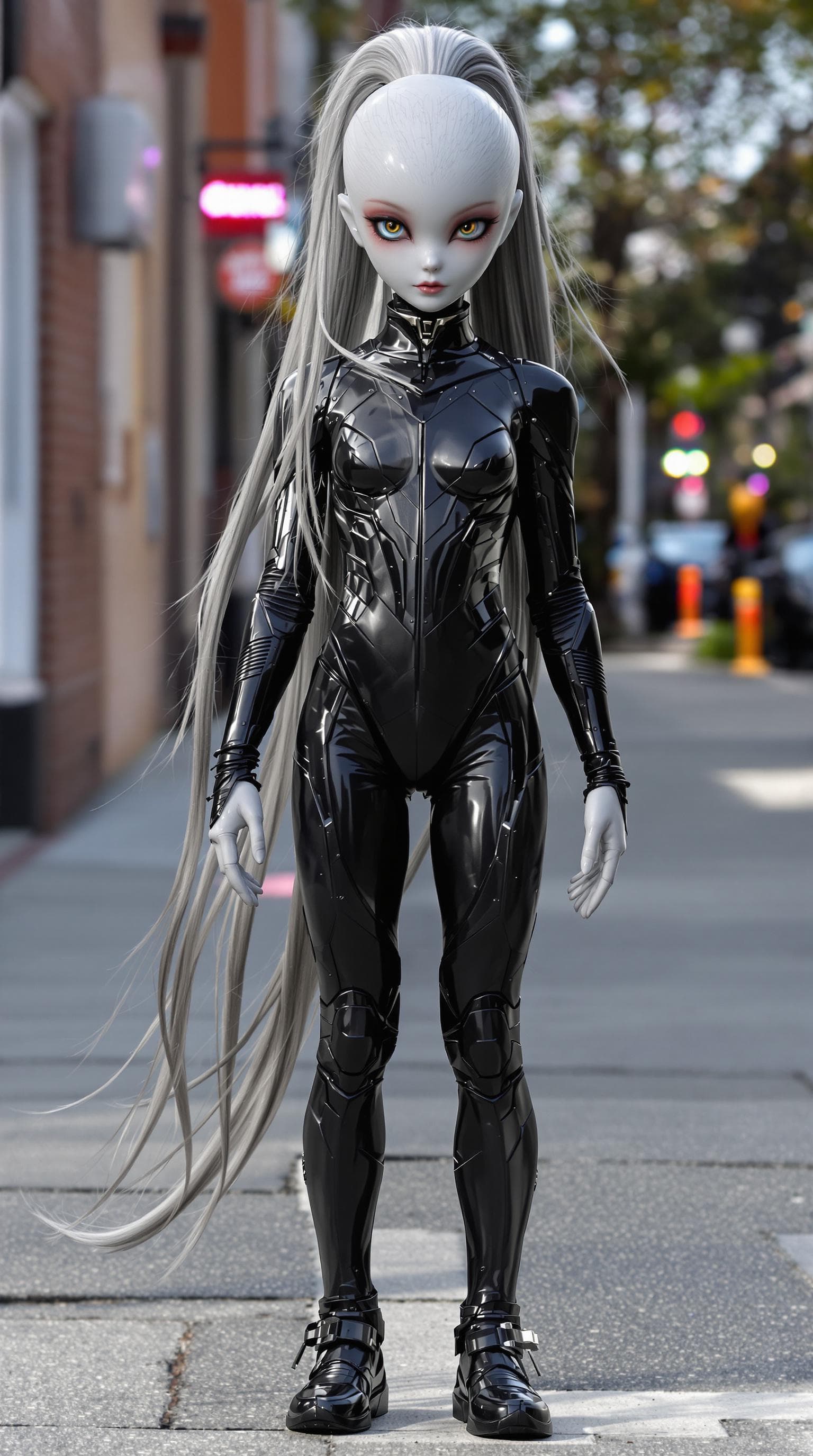AI generated: a professional photo of a exceptionally of the most beautiful grey skinned alien girl (age 7) in the...