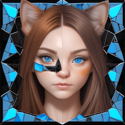 AI generated: A close-up portrait of a kitten's face in a mosaic collage style. The kitten is facing forward symme...
