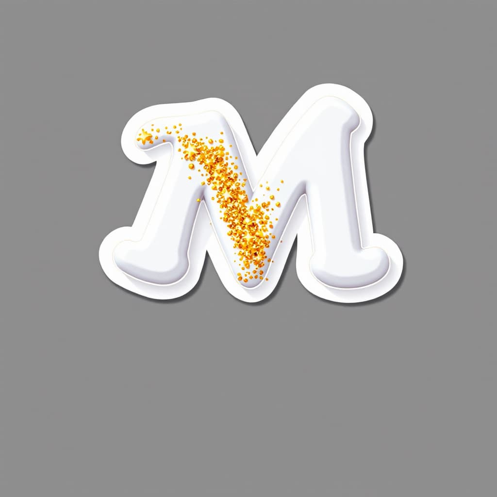 AI generated: 3D White letter "M" with gold glitter, white background, sticker style.
