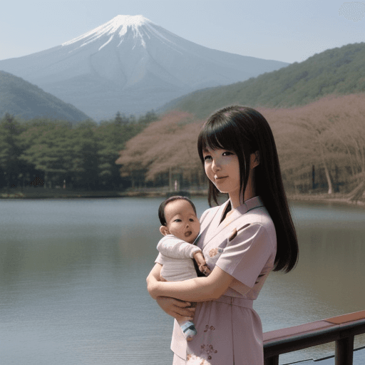 AI generated: Japan girl near the lake with plays with the baby