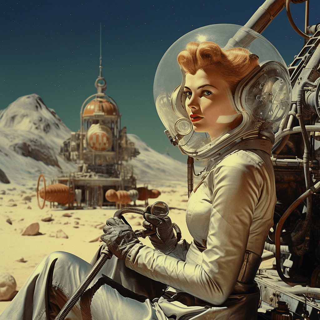 AI generated: First woman on the moon, 1955, retro