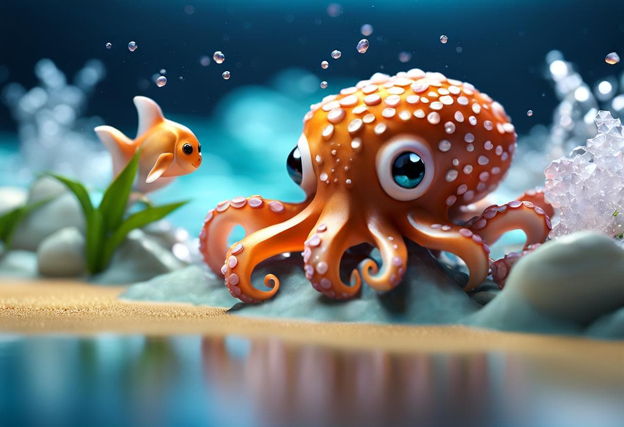 AI generated: Cute tiny octopus sitting on sea bed, playing with a small fish, true water retraction, a low poly r...