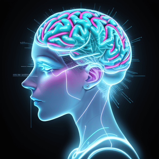 AI generated: This image shows [a white woman] with a very distinctive and stylized [neon brain] that is designed ...