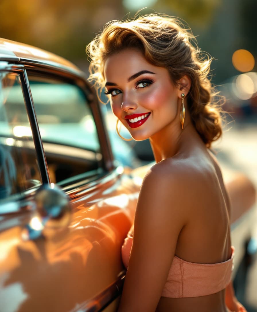 AI generated: photorealistic, (hyperrealistic) portrait of a 50s pinup model, posing alluringly by a classic vinta...