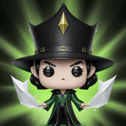 AI generated: funko pop, sorcerer, green clothes, white eyes, black hair,pointy ears, big smille,tousled hair,
poi...