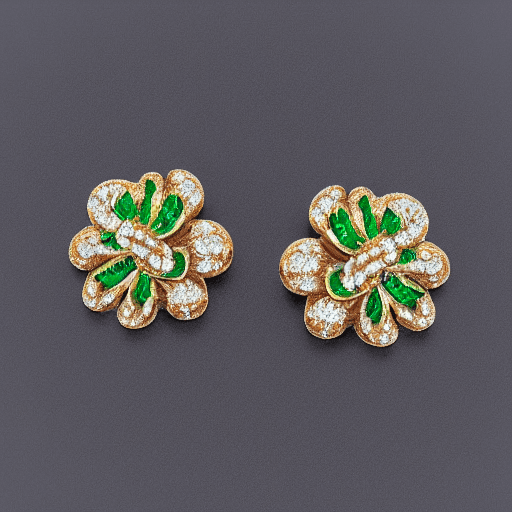 AI generated: full display of baroque style jewelry design, a pair of earrings, green gemstones with four-leaf clo...