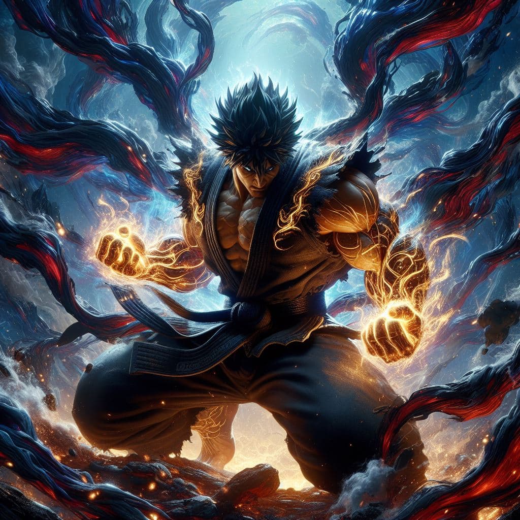 AI generated: Ryu fighting at war, raging, character design, body is adorned with glowing golden runes, black and ...