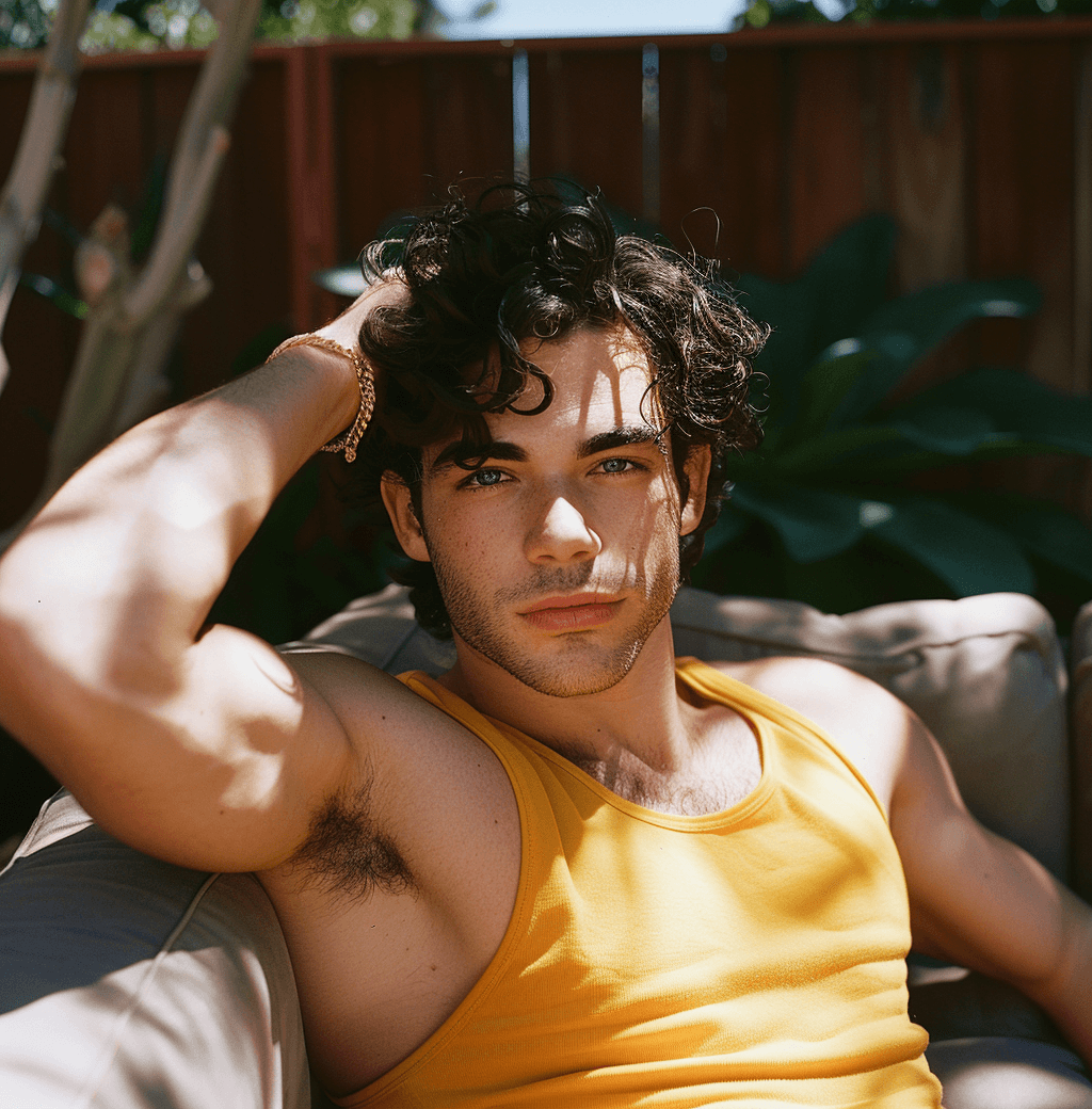 AI generated: A photo of the young Italian actor, he has curly hair and is wearing a yellow tank top shirt, his mu...