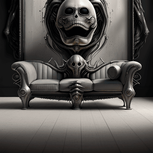 AI generated: huge HR Giger style couch, concept furniture, painting on grey, hyper realistic, illustration, digit...