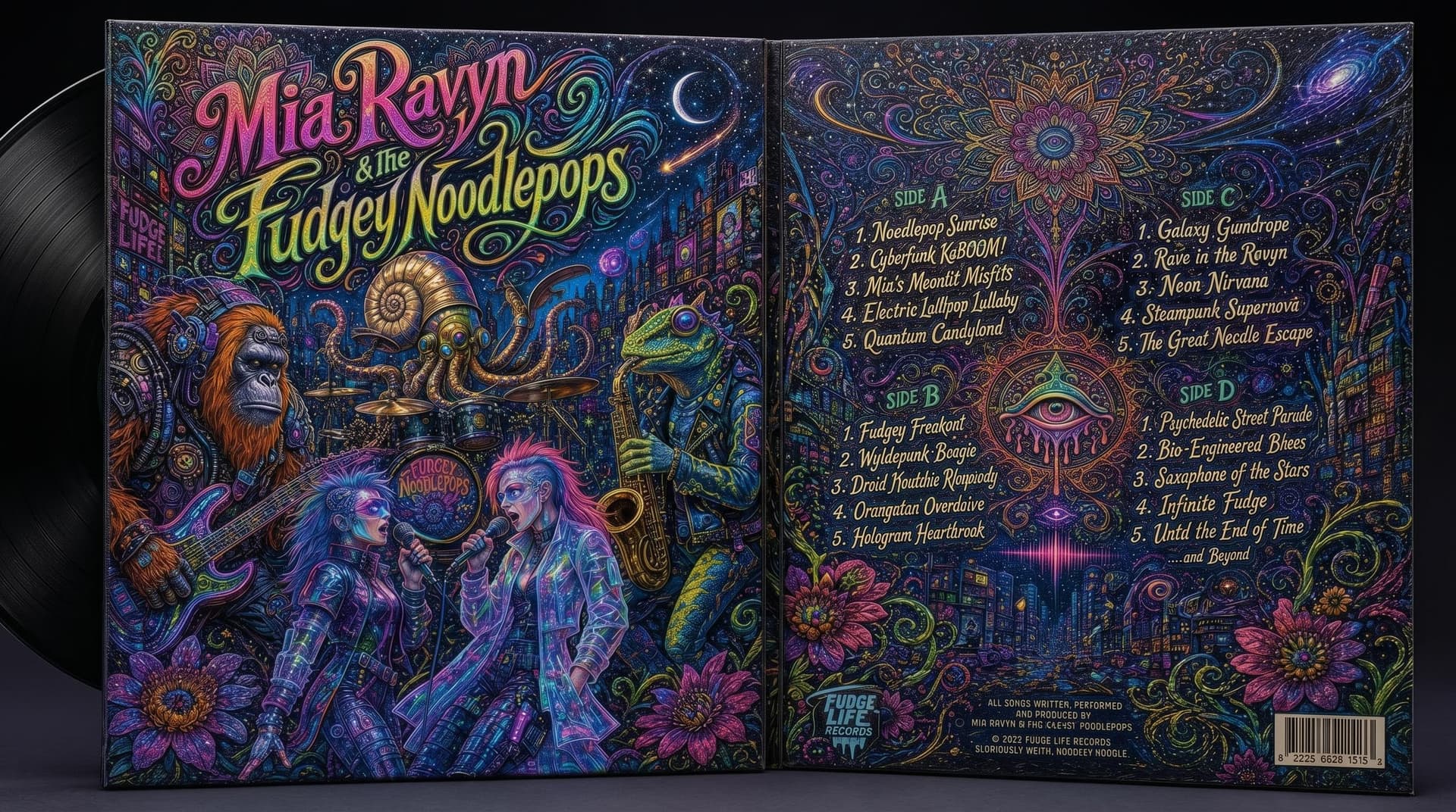 AI generated: Vinyl record double LP embossed album cover, 2020s street graffiti psychedelia style, opened to reve...