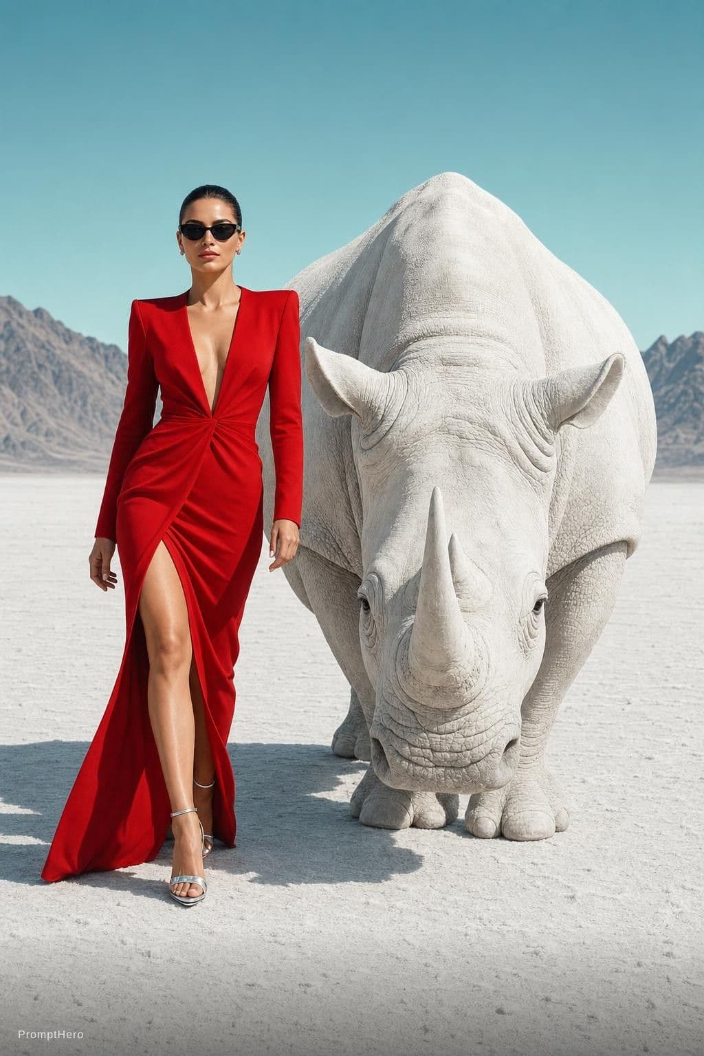 AI generated: {
  "scene": {
    "type": "editorial fashion surrealism",
    "location": "barren white desert w...
