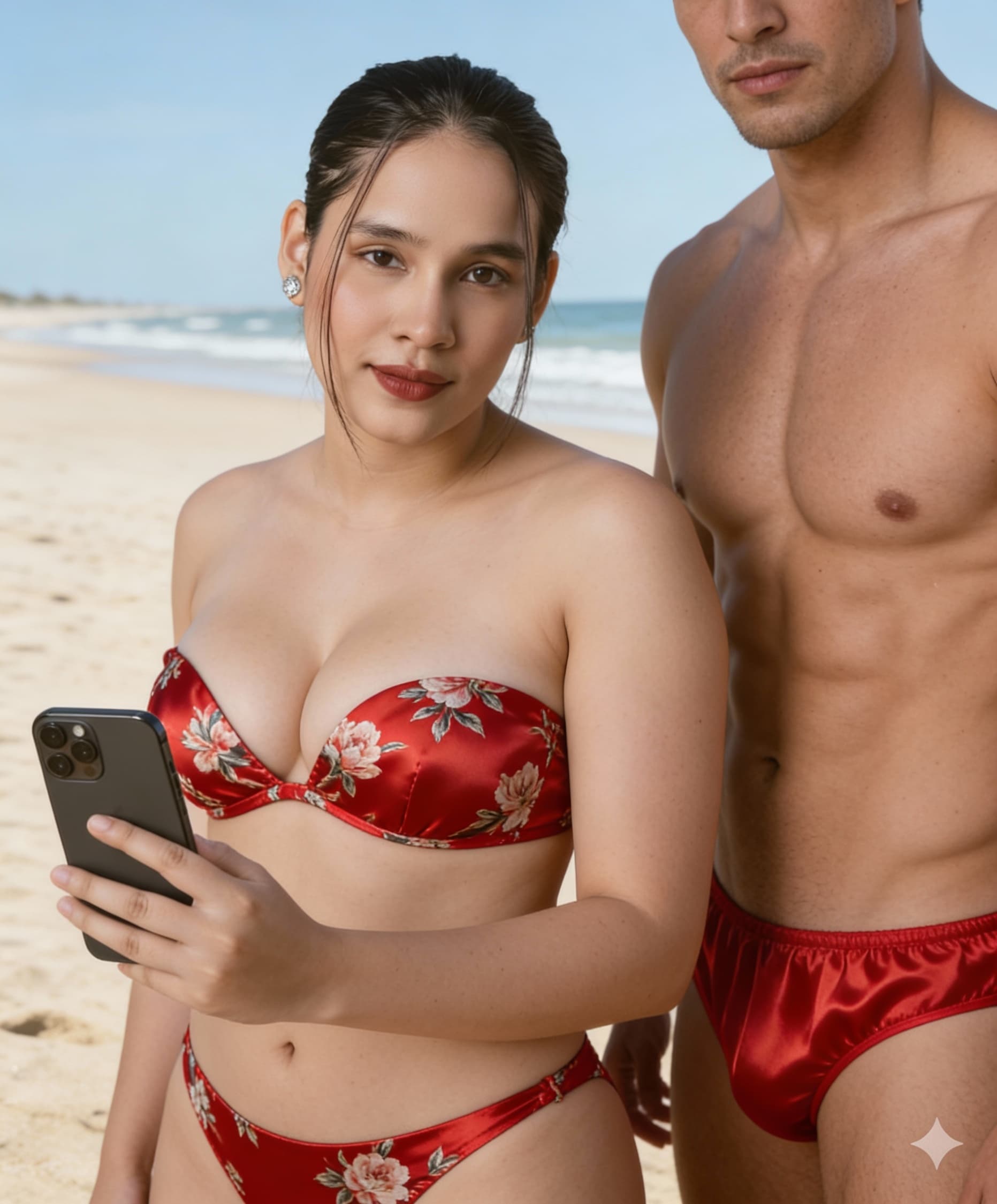 AI generated: The woman wearing a red floral print strapless satin bikini bust size 38dd and standing on beach,rem...