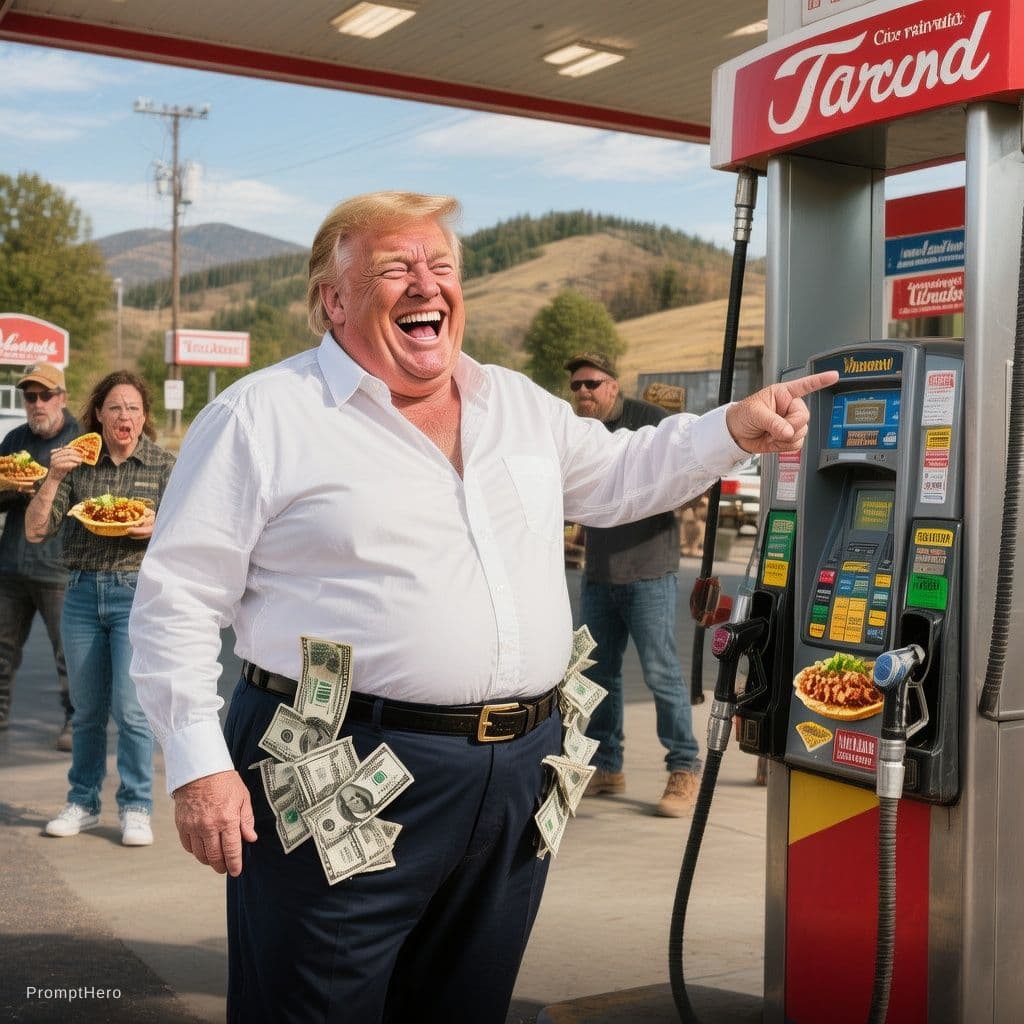 AI generated: Ultra realistic, U.S. President, 2026 Donald J. "TACO" Trump standing full body pointing to a gasoli...