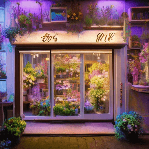 AI generated: A tiny flower shop with an illuminated sign with beautiful colors and flowers named Floreria Myra Ro...