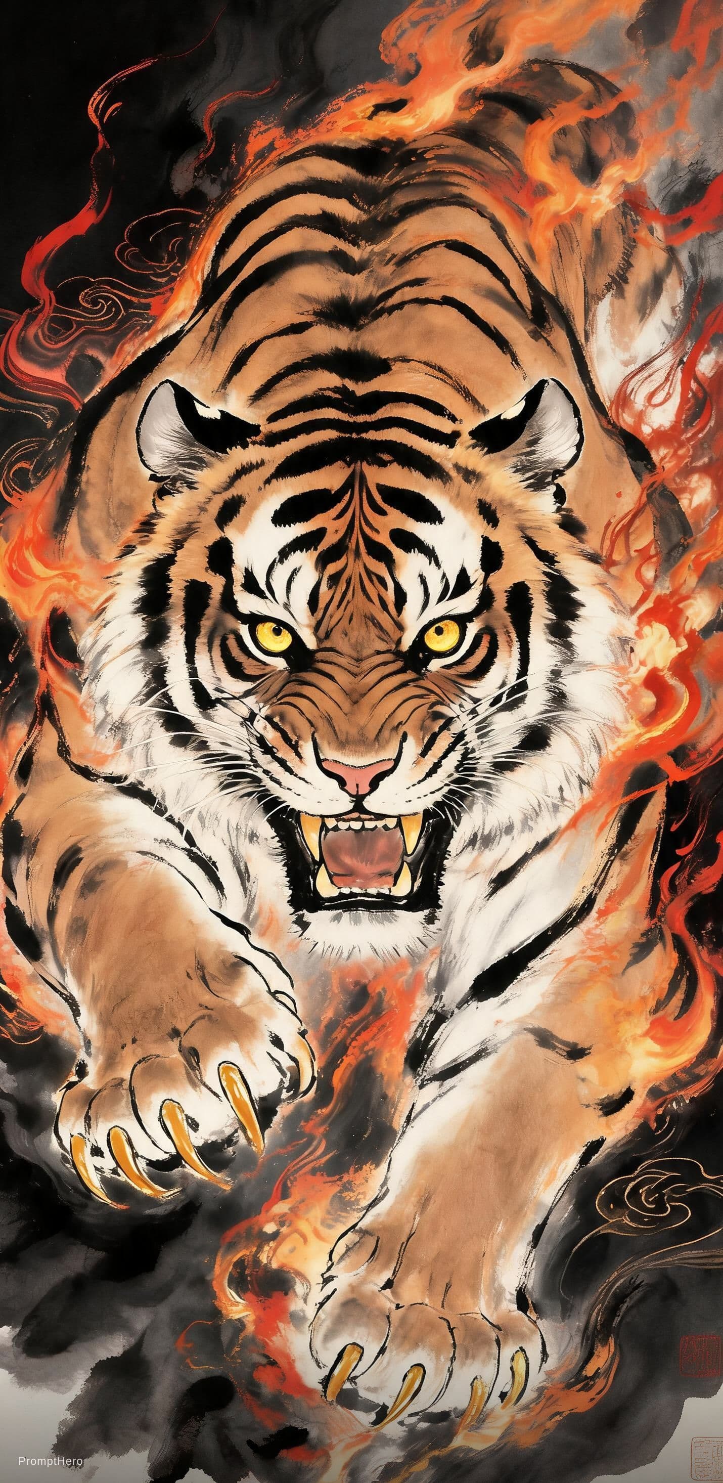 AI generated: Chinese ink wash art style, a ferocious tiger with flames engulfing its form, lunging toward the vie...