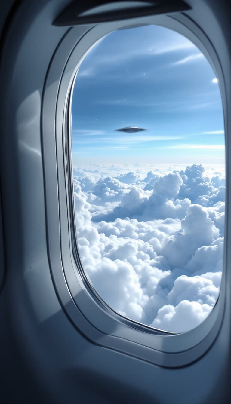 AI generated: white clouds and a UFO can be seen from the plane window