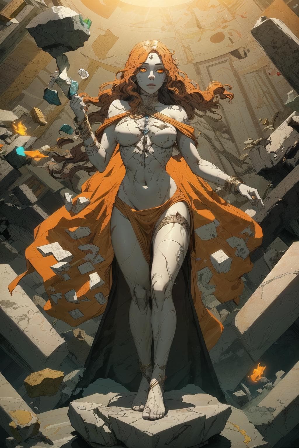 AI generated: full body shot, half turn, (marble statue of a woman:1.5), (stone skin:1.5), dressed in tunic, (oran...