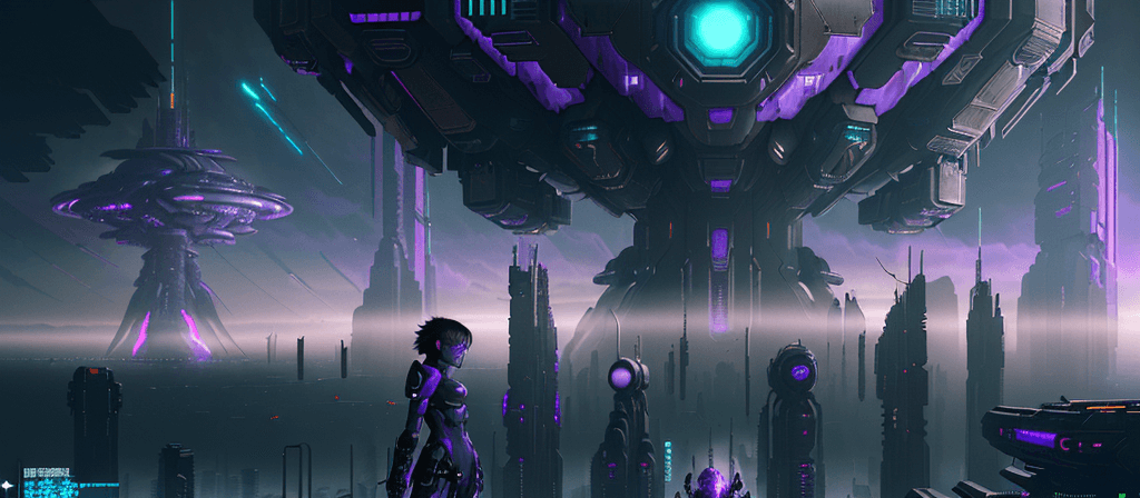 AI generated: cyberpunk style, futuristic, dystopian, population gathering below gigantic rectangular deep-onyx co...