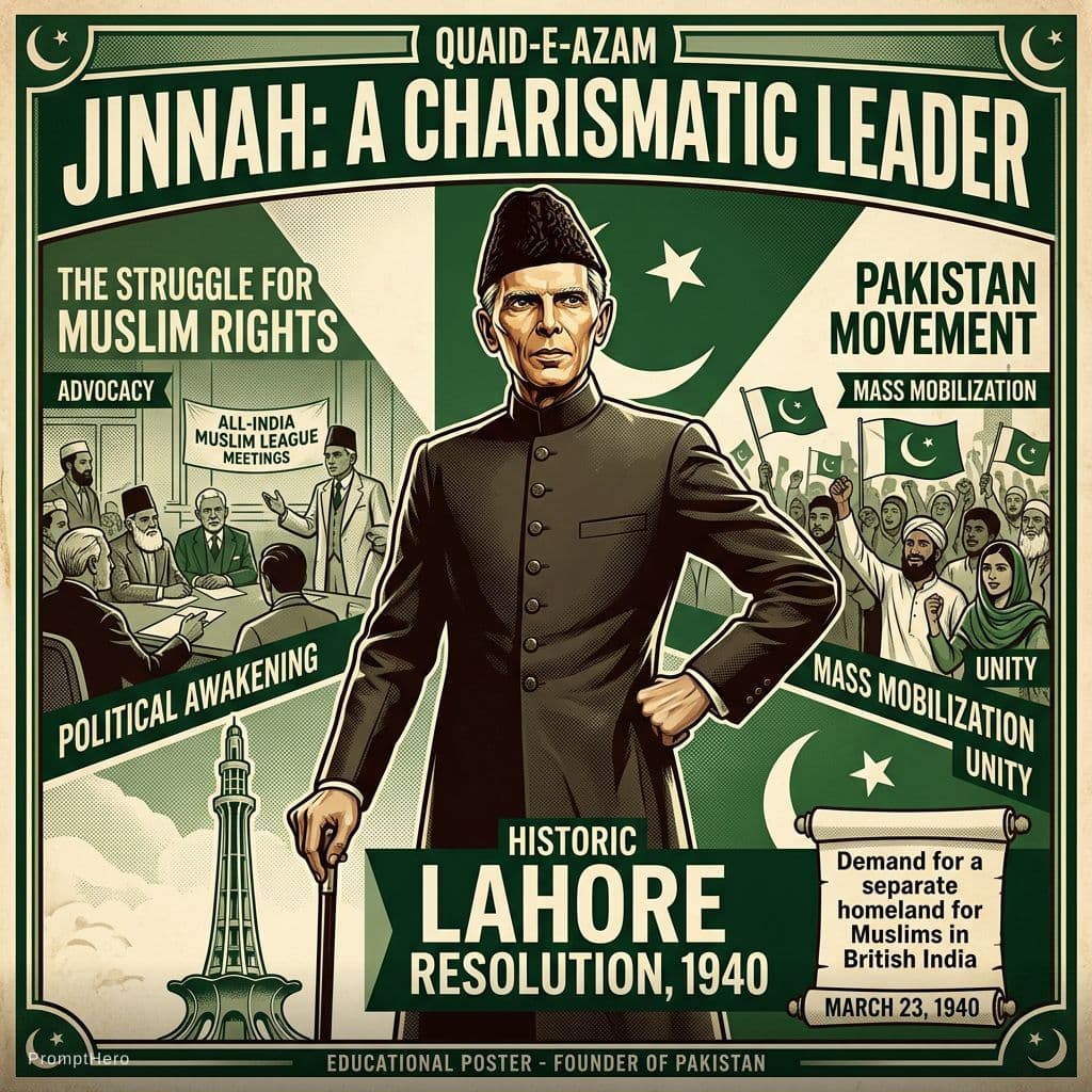 AI generated: Design an educational poster titled “Jinnah: A Charismatic Leader.” Show Quaid-e-Azam Muhammad Ali J...