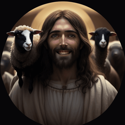 AI generated: Jesus Christ overcoming the great darkness, and looking with a happy face at the sheep and with tear...
