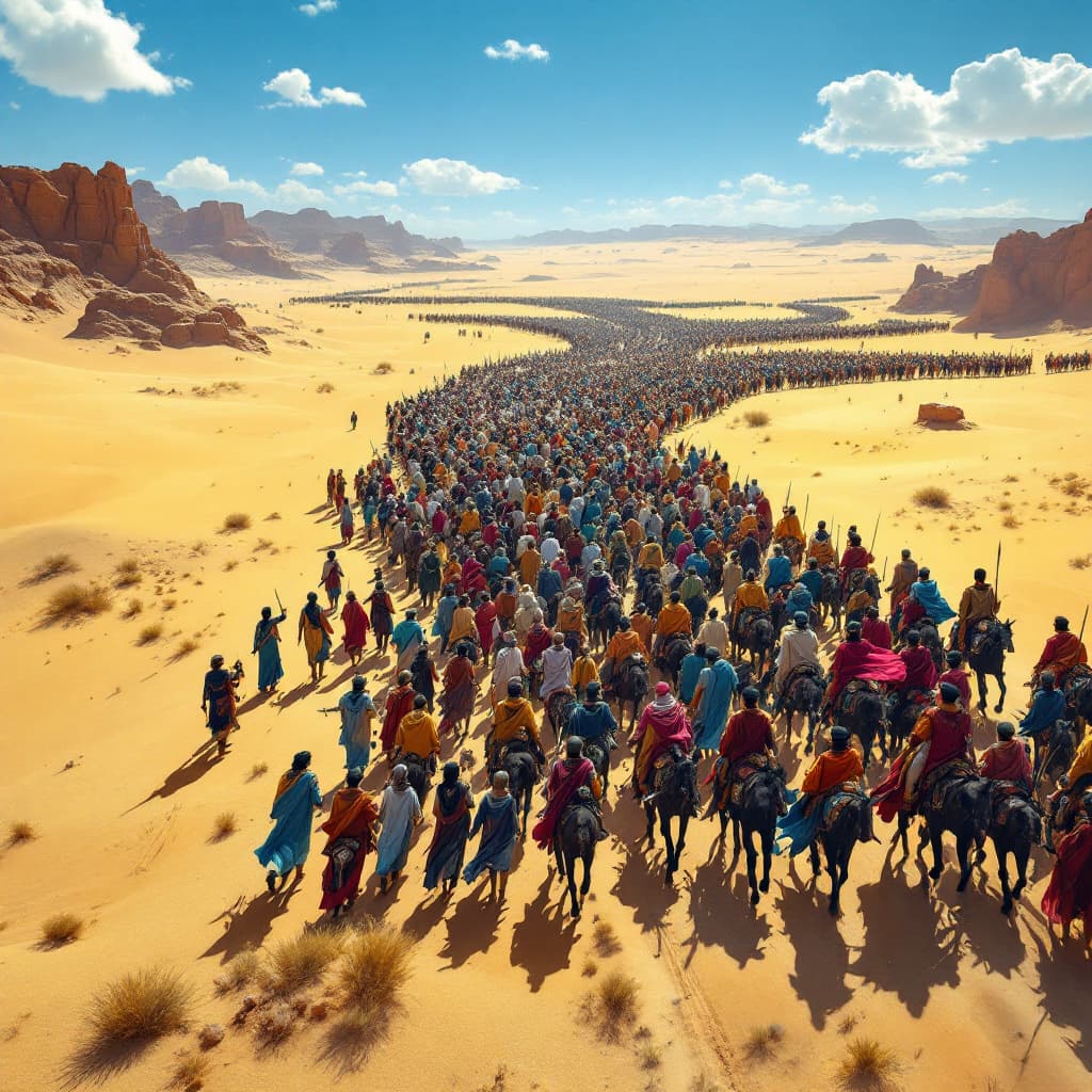 AI generated: Panoramic view from above: In the vast desert, a large army from Mecca marches in horizontal rows, a...