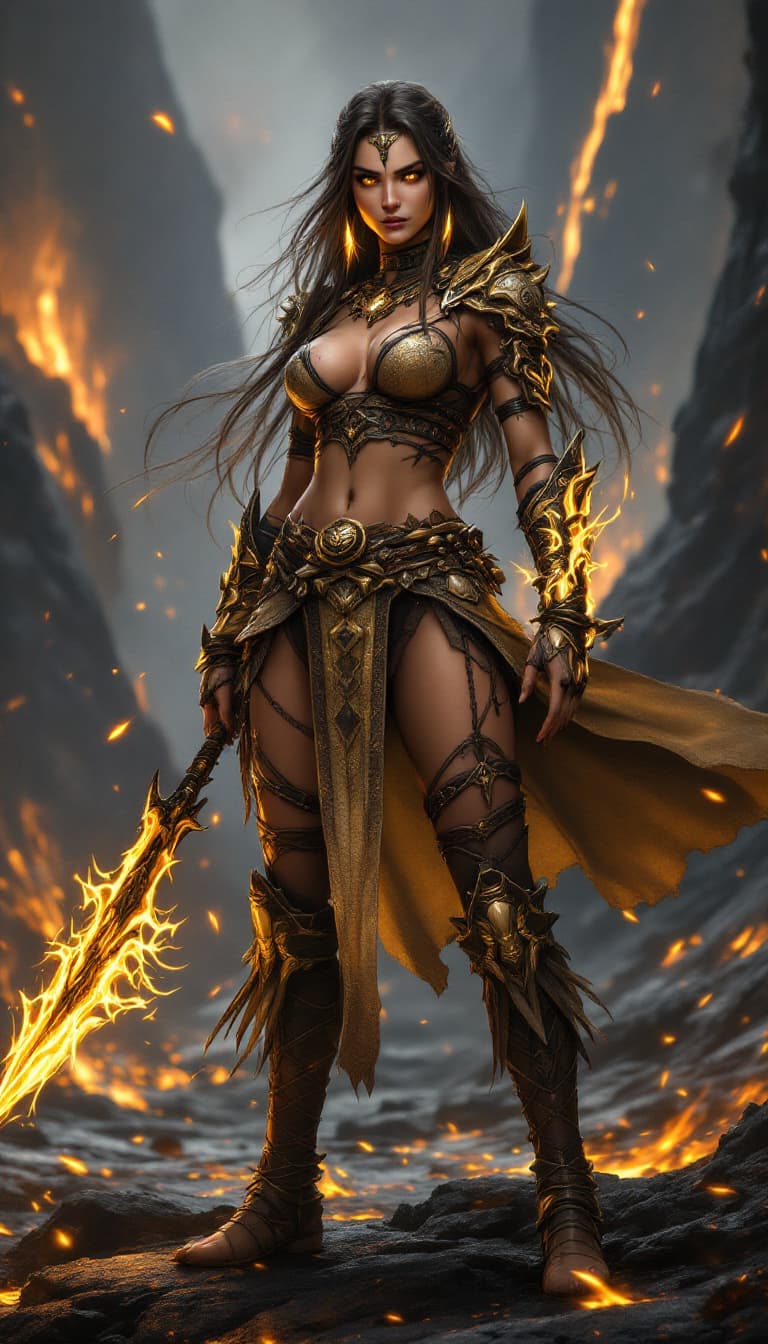 AI generated: Dynamic angle, full body view, realistic, female hunter warrior, long, flowing hair, tribal-inspired...