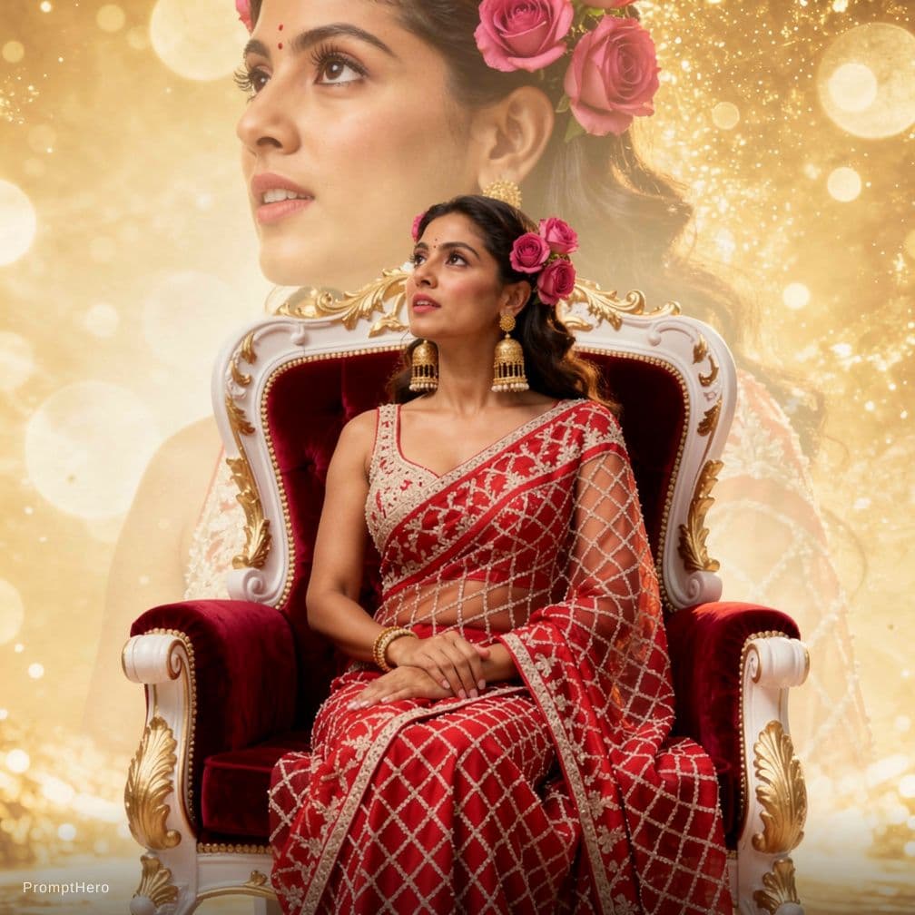 AI generated: "A stunning cinematic Bollywood-style poster featuring a beautiful young woman with long, flowing je...
