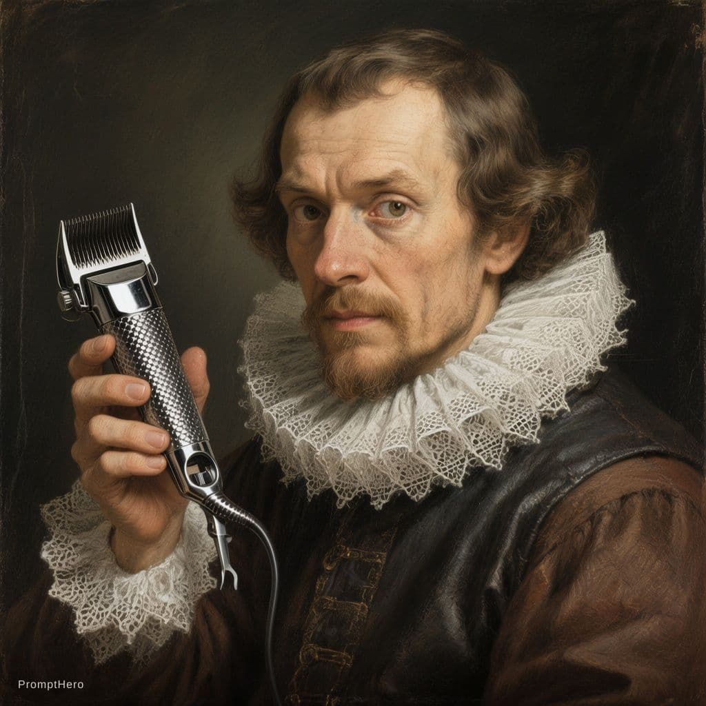 AI generated: Dutch Golden Age portrait,of a man holding hair clippers 17th century. dark background, white lace r...