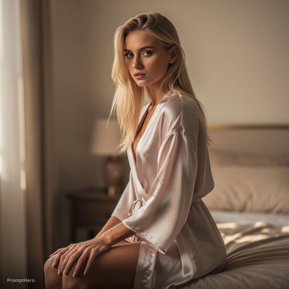 AI generated: Petite 21-year-old blonde woman, artistic nude, elegant pose in bedroom, small breasts, slim athleti...