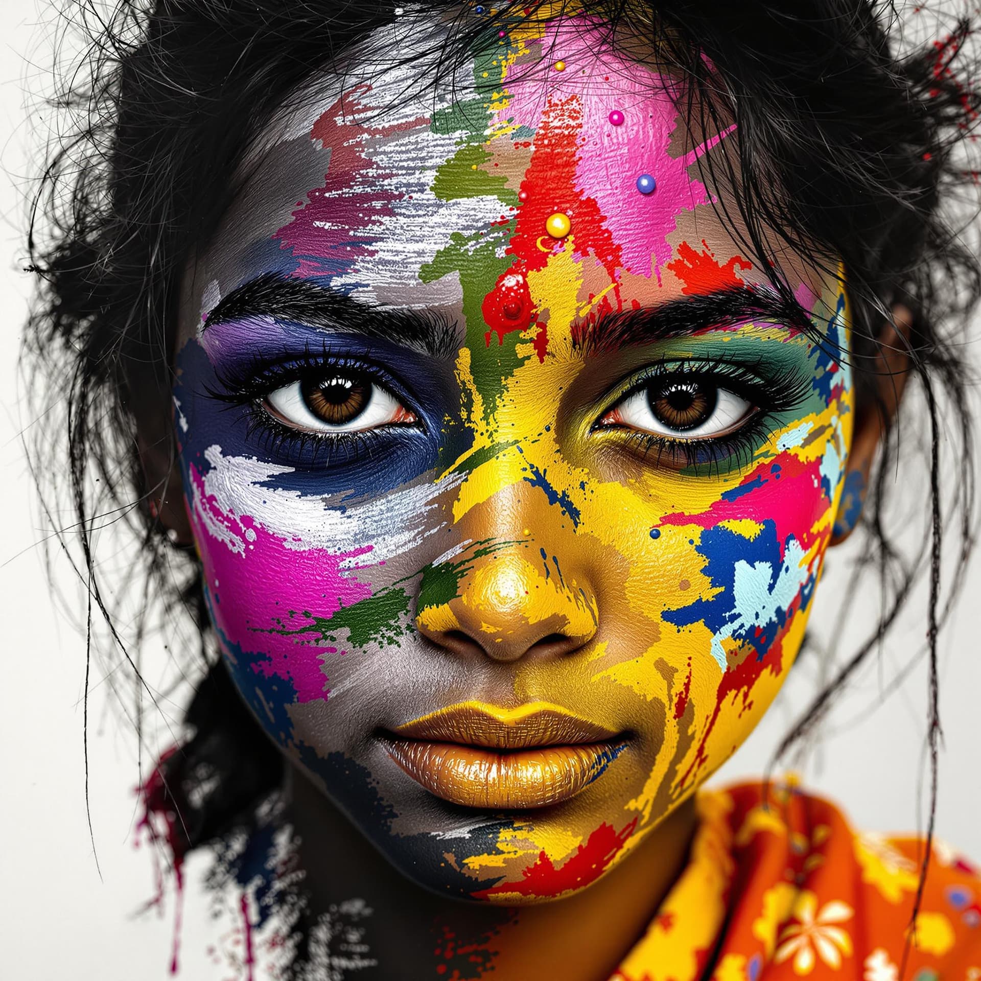 AI generated: Modern Indian Kerala girl with paint on her face, in the style of different colors, master of ink, a...