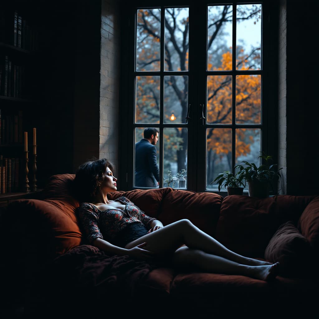 AI generated: picture off, an  Dark and moody home library, a woman (MILF, 45 years old mature milf ,  curve  body...