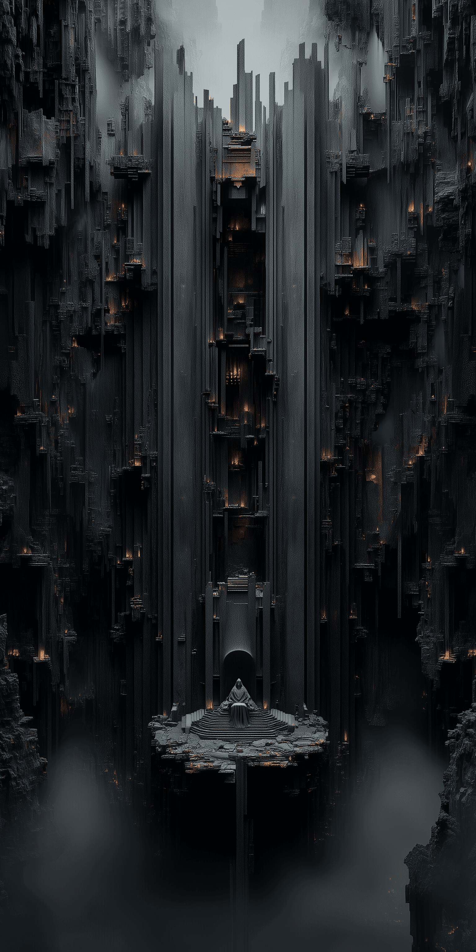 AI generated: Front view of a grey statue sitting on a throne, surrounded by a black and white ancient temple with...