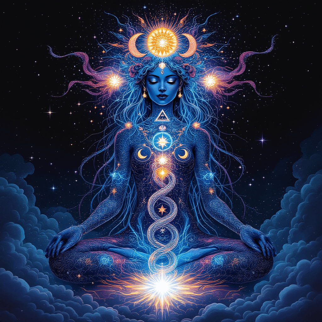 AI generated: An intricate, full-body illustration of a meditating deity, representing the cosmic awakening of Kun...