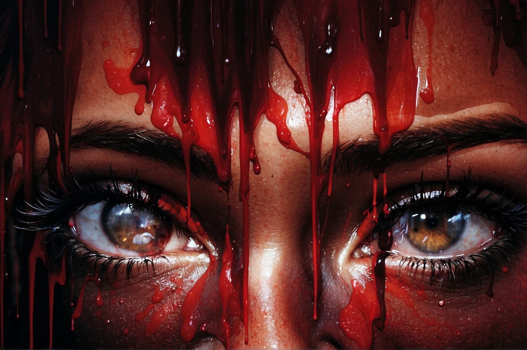 AI generated: blood drops on a woman's face, killer, shiny eyes, elegant, lovely, dark, dramatic light, in the sty...