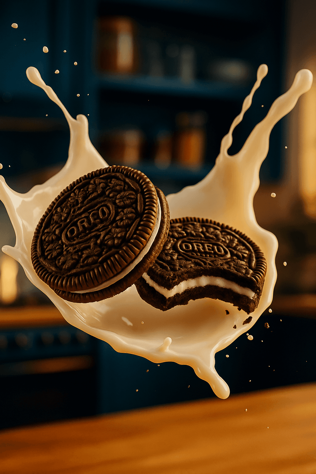 AI generated: {
  "subject": {
    "type": "product photography",
    "main_object": "two Oreo cookies",
    "...
