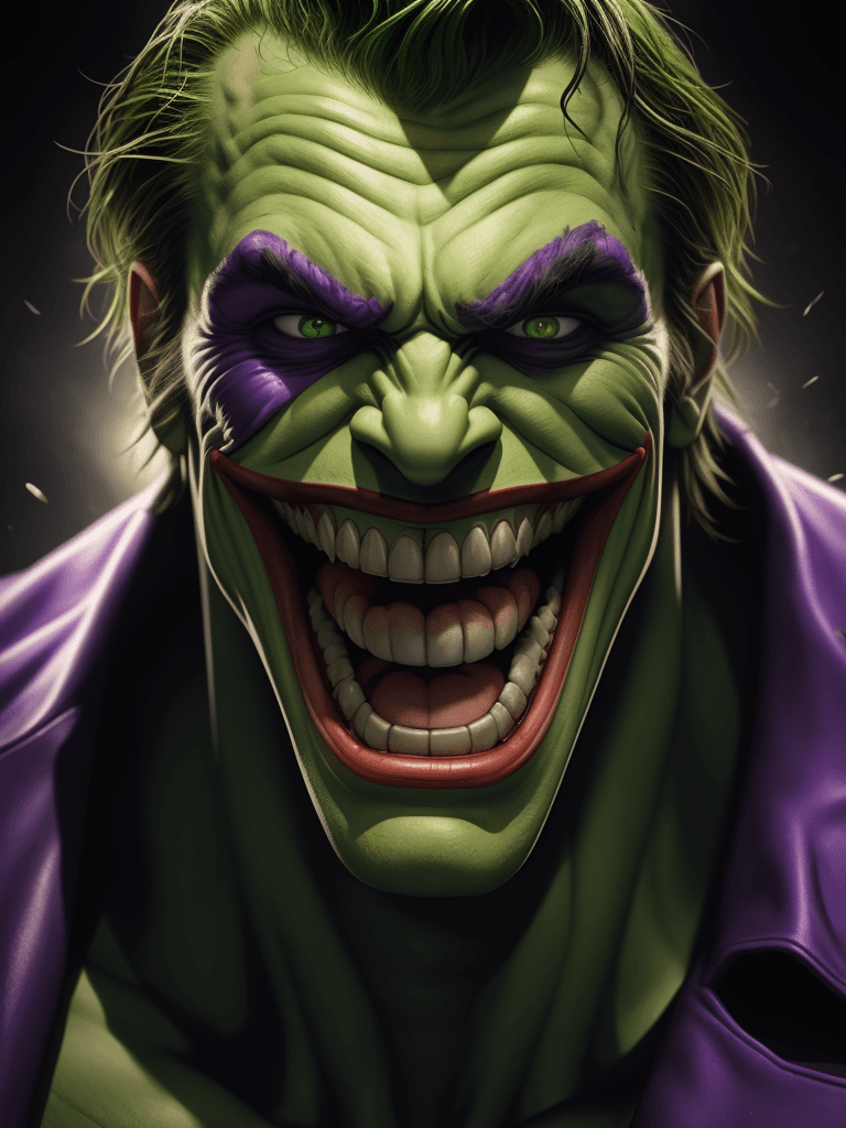 AI generated: Hulk as (the joker), skindentation, bright realistic eyes and a huge maniacal grin, (perfect photo-r...