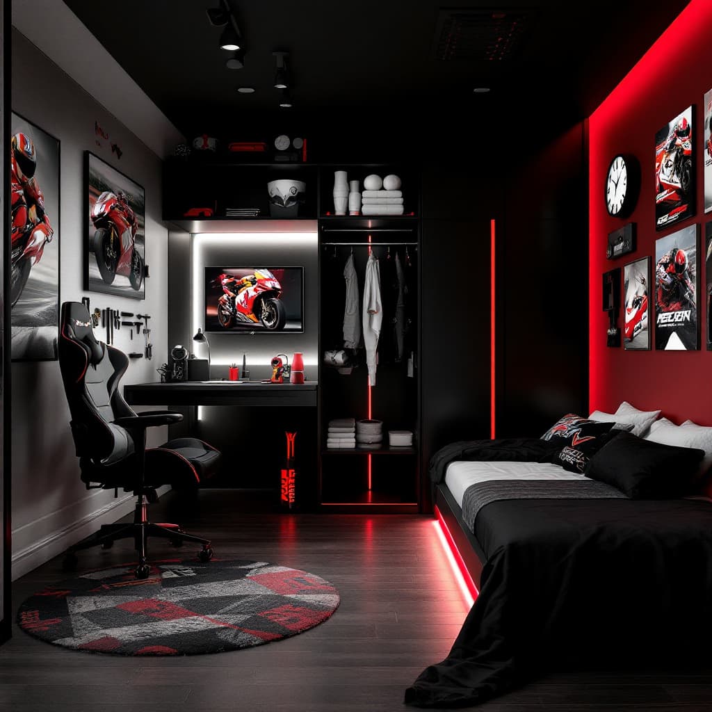 AI generated: An 8m x 5m bedroom studio designed for a sportbike lover. Racing-inspired design with red, black, an...