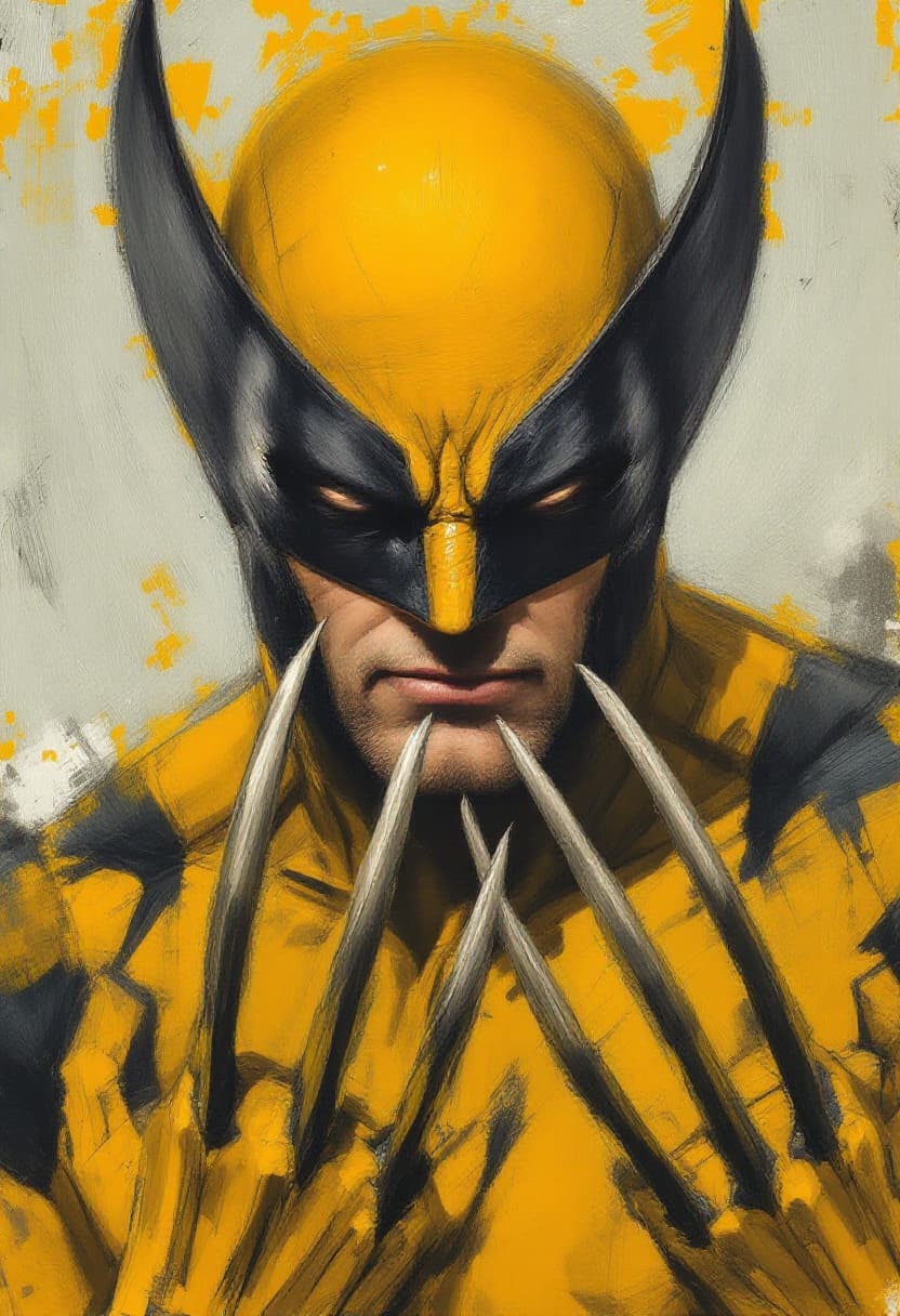 AI generated: Portrait of Wolverine, masked, in yellow, showing his claws as weapons. Art Nouveau, Neo-Impressioni...
