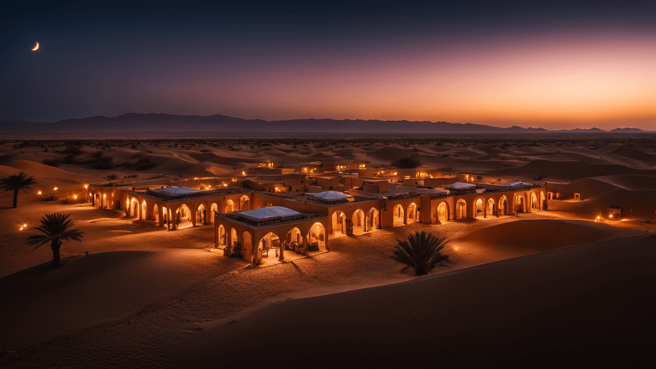 AI generated: long shot scenic professional photograph of cinematic shot, oil painting of a oasis in the desert at...