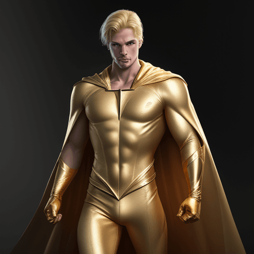 AI generated: male super hero named champion blond hair, no symbol, skin tight gold suit, gold cape, gold gloves, ...