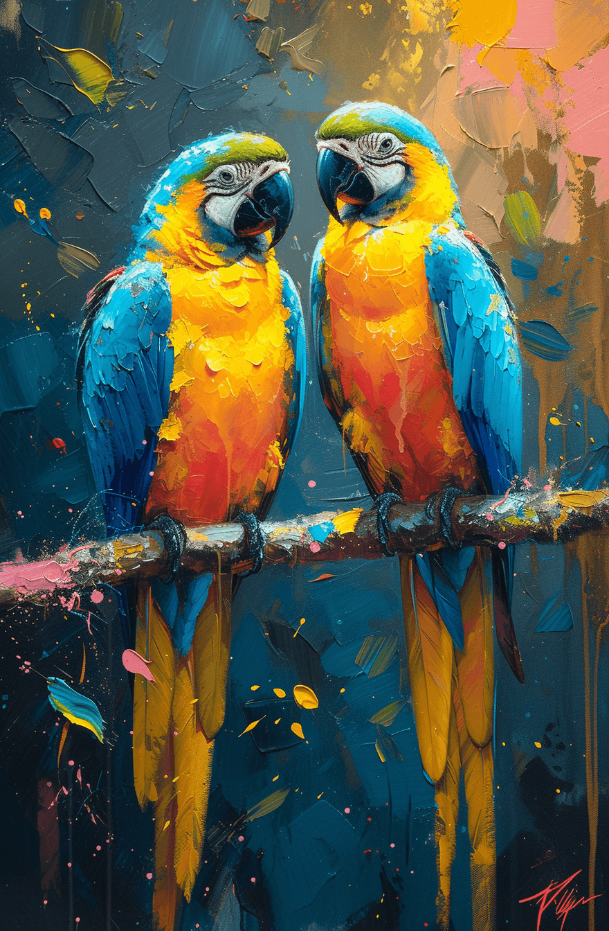 AI generated: a colorful painting of two parrots sitting on a branch, in the style of marcin sobas, 32k uhd, anima...