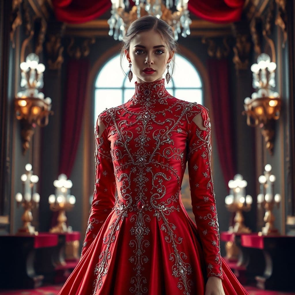 AI generated: gorgeous woman in red dress made with rubies and sparkling diamonds with intricate details, fashion ...
