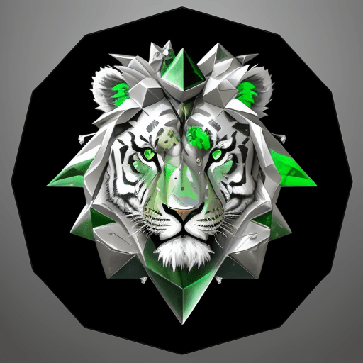 AI generated: An illustration of a cubist lion face pendant, crafted from silver and embedded with gemstones of gr...