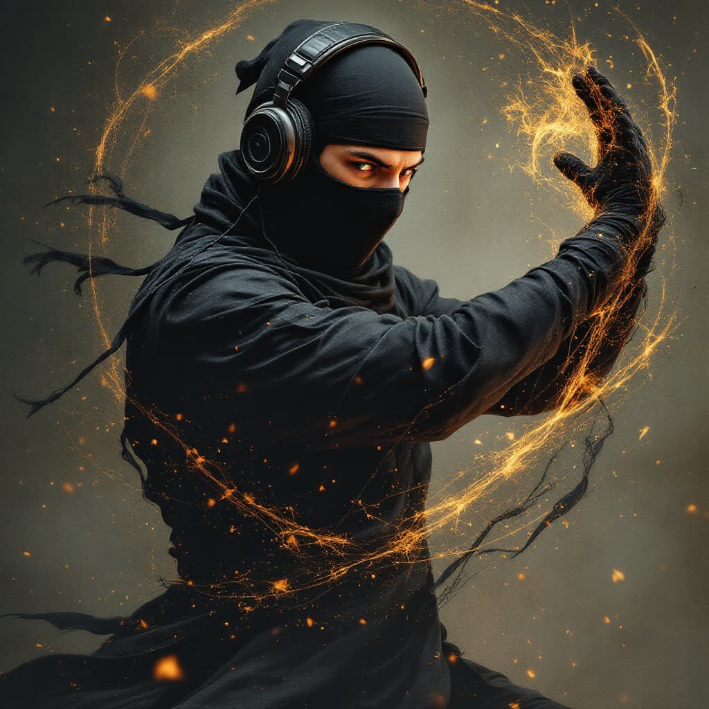 AI generated: a male ninja wrapped in whole body armopr with headphones listening to classical music and doing tha...