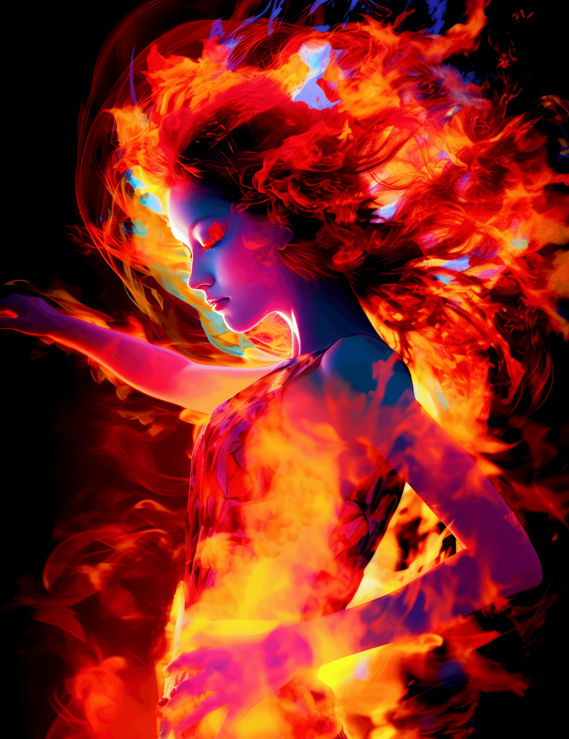 AI generated: a woman is dancing with her hair on fire, in the style of digitally enhanced, high contrast lighting...