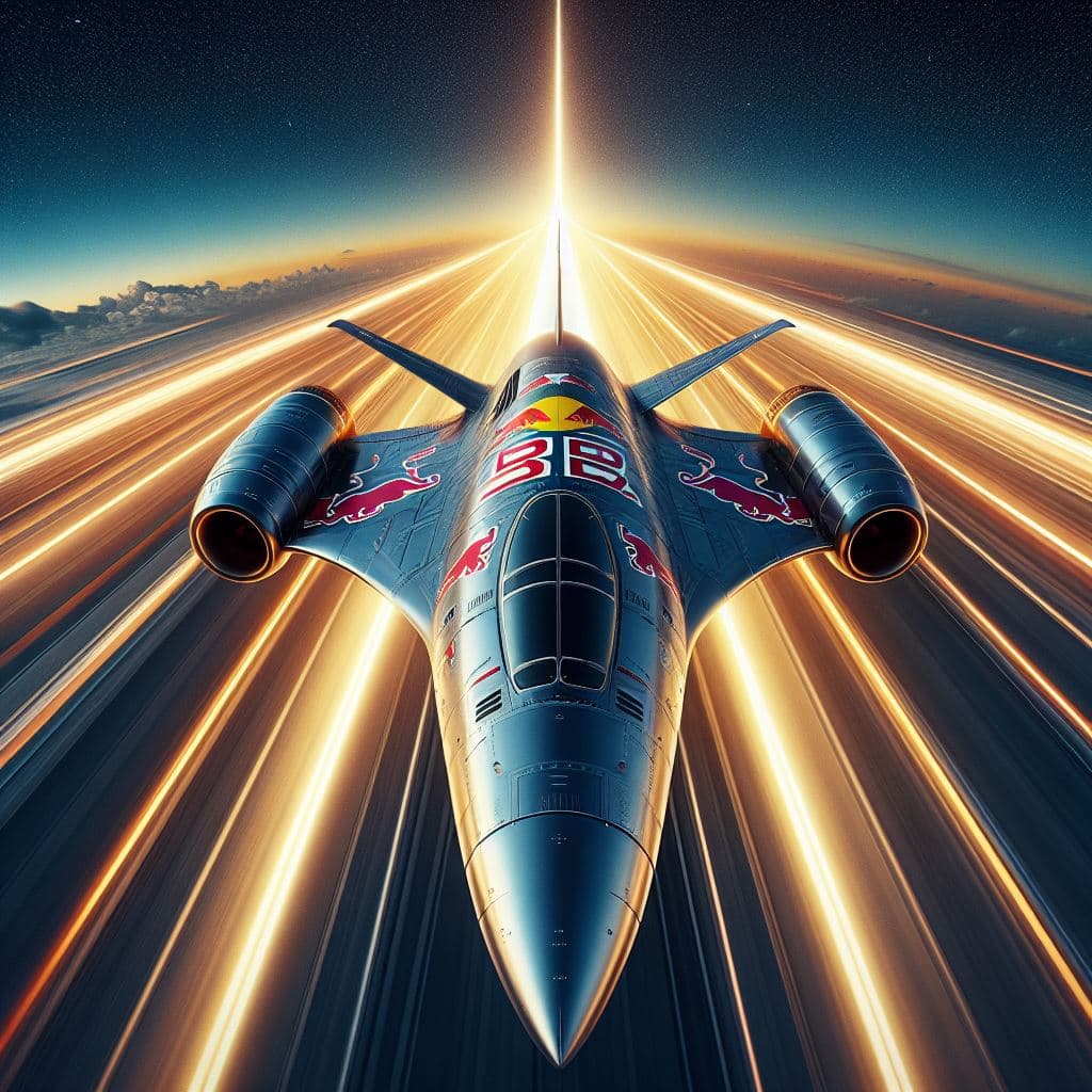 AI generated: Fantasy fantastic hypersonic stratoracer spaceplane in low flight, body symmetry, sci-fi, "red bull"...