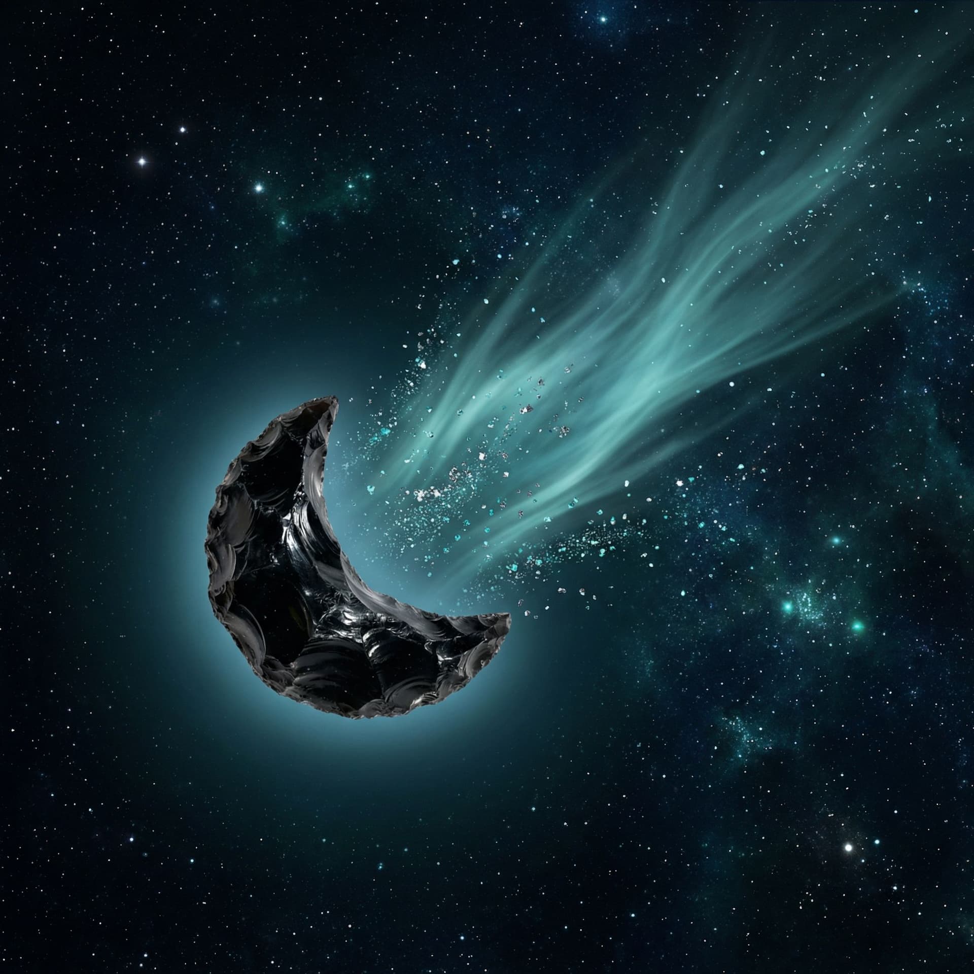 AI generated: a Obsidian comet that looks like an eclipse with a long Teal tail with teal and silver sparkles spri...