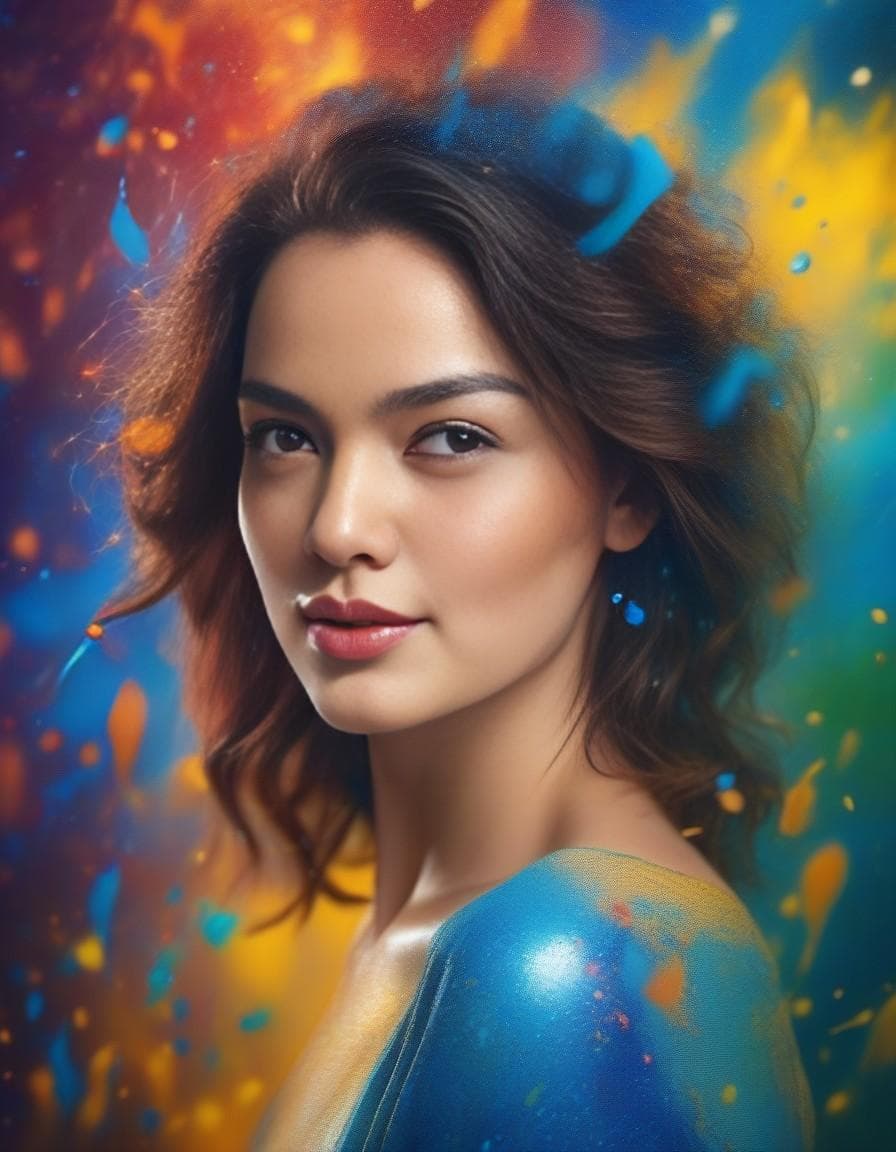 AI generated: beautiful lady, bathed in bright splashes of color, bright lighting, blue tones, photorealism, high ...